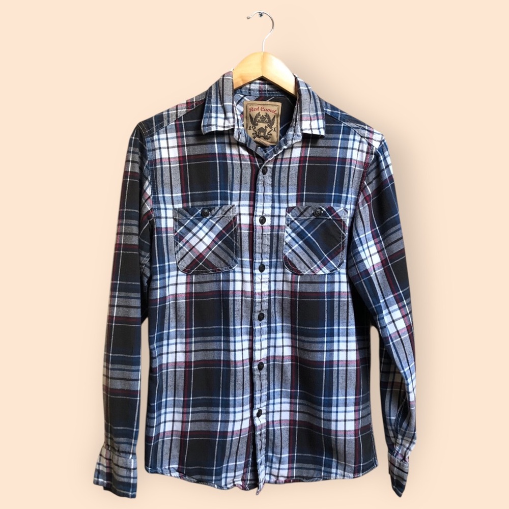 Red Camel Blue Plaid Flannel Button Down Shirt Casual Cotton Women’s Small